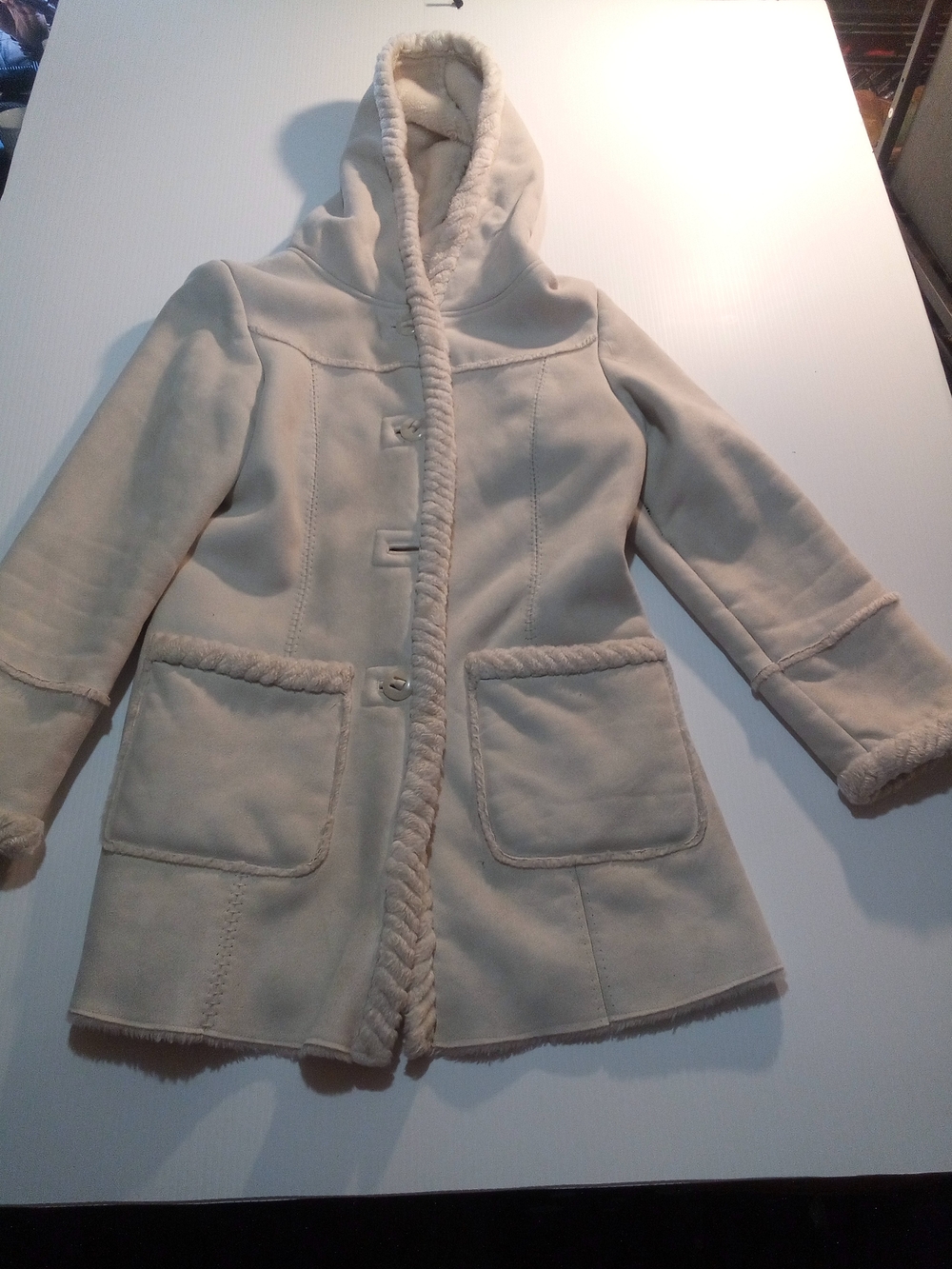 St. John's Bay Women's Size S Beige Hooded Faux Fur Trim Button Coat Pockets